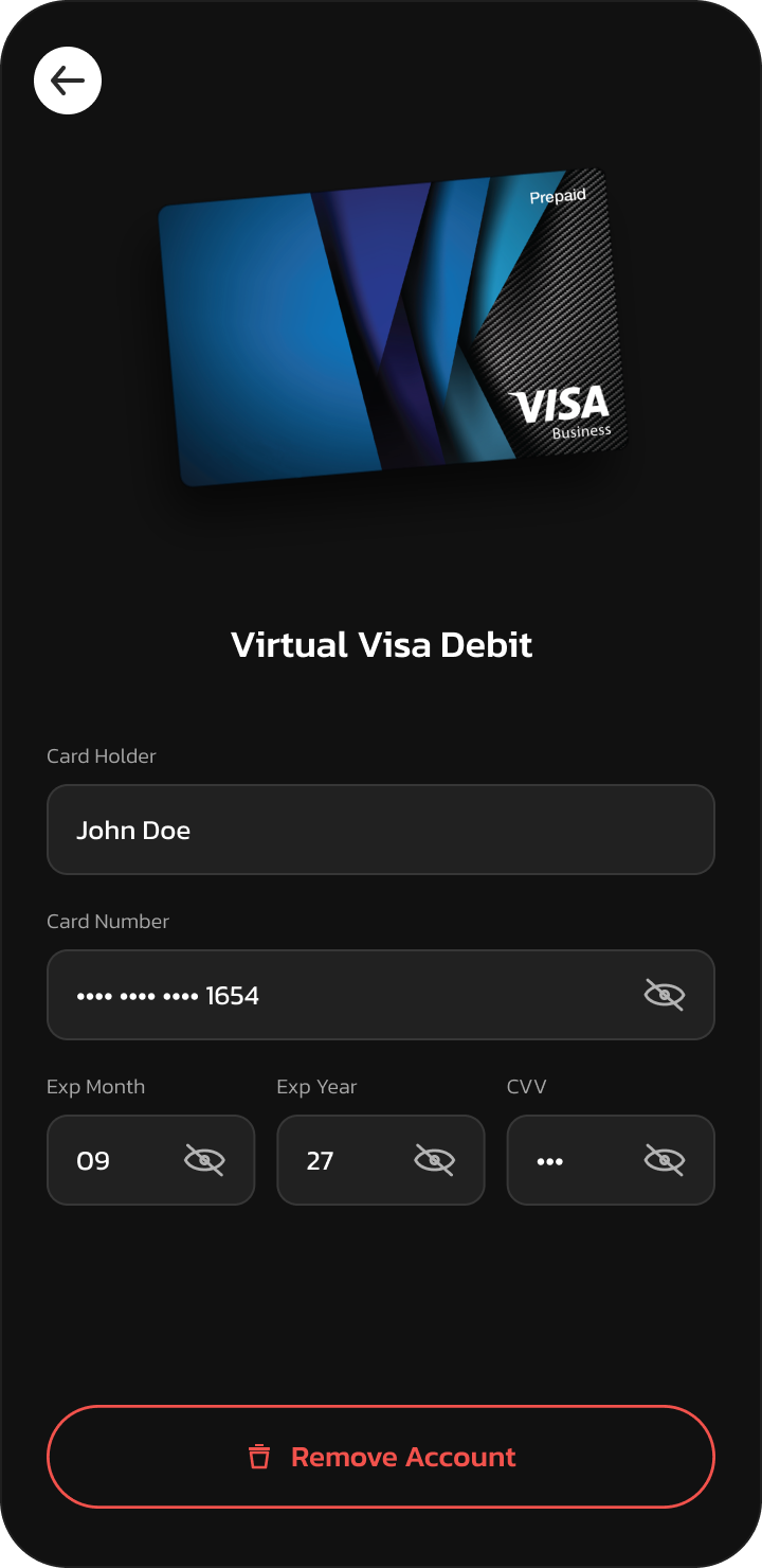 Visa card detail with show/hide fields